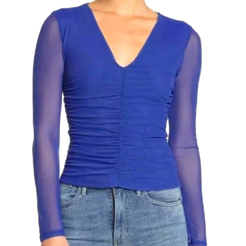 Ten Sixty Sherman V-Neck Ruched Mesh Blouse Blue Size L